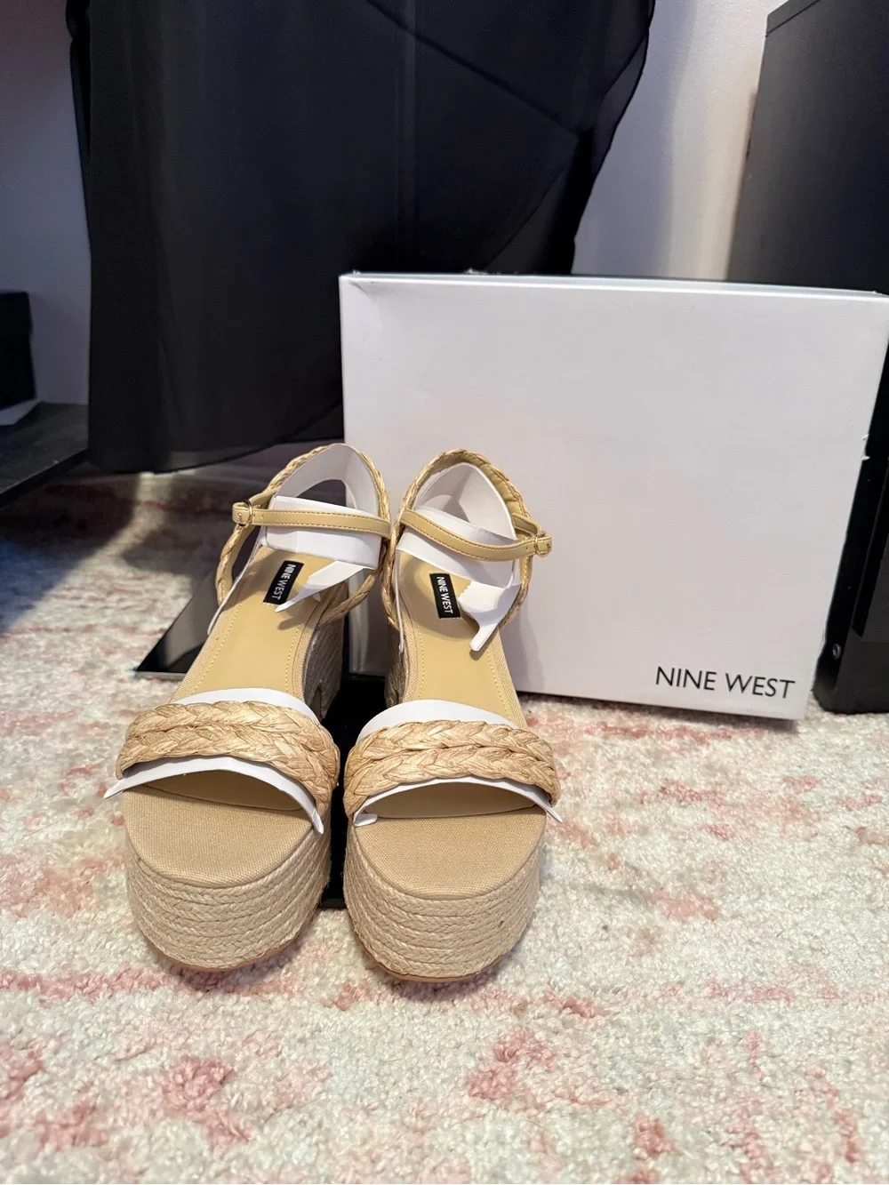 Nine West White and Natural Braided Platform Sandals